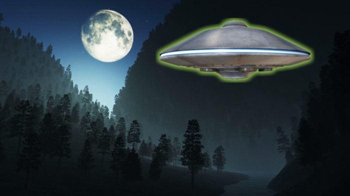 A depiction of a UFO at night over woodland