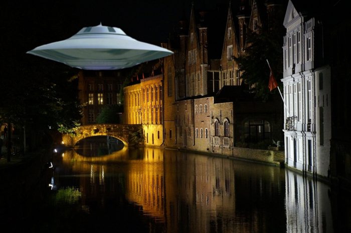 A superimposed UFO over a Belgian river