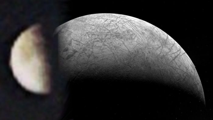 A picture of the first image of Europa blended with a more recent and clearer image