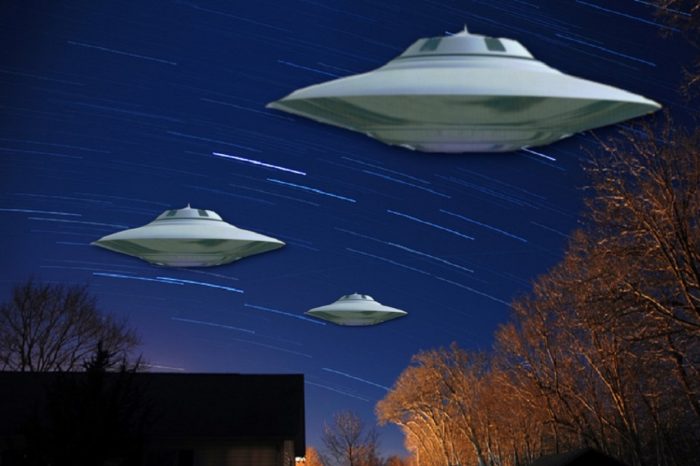 Depiction of UFOs overhead