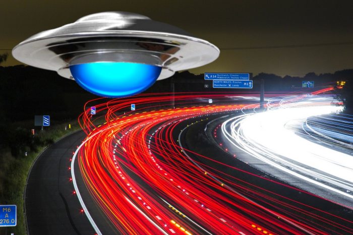 A superimposed UFO over a time lapsed motorway