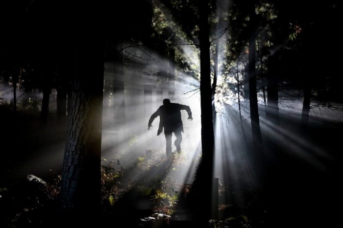 A picture of a strange man running through a dark forest