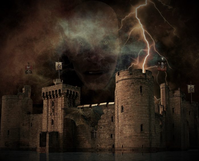 A picture of an old castle with a vampire face superimposed over the top