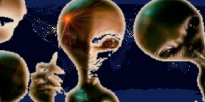 A depiction of alien faces over the top of an atlas