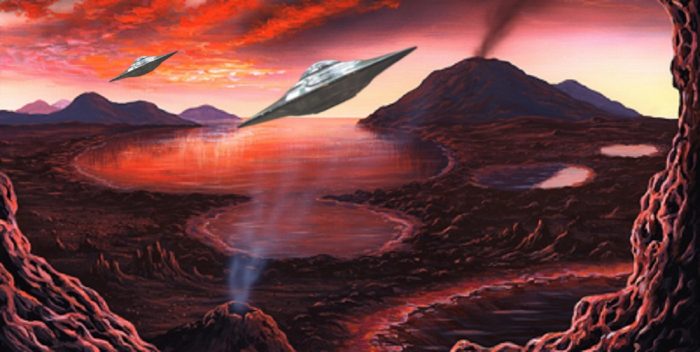 An image showing UFOs in an ancient world