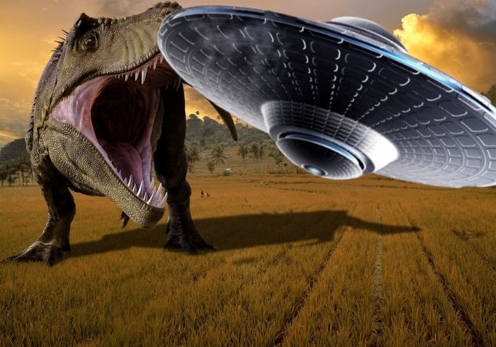 A superimposed UFO over a picture of a dinosaur