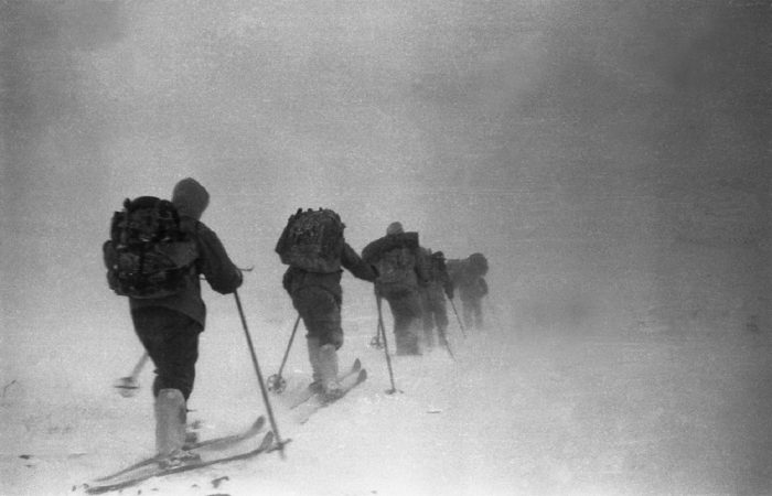 An image of the hikers walking into the snowy distance