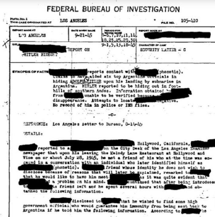FBI Document claiming a sighting of Hitler in South America
