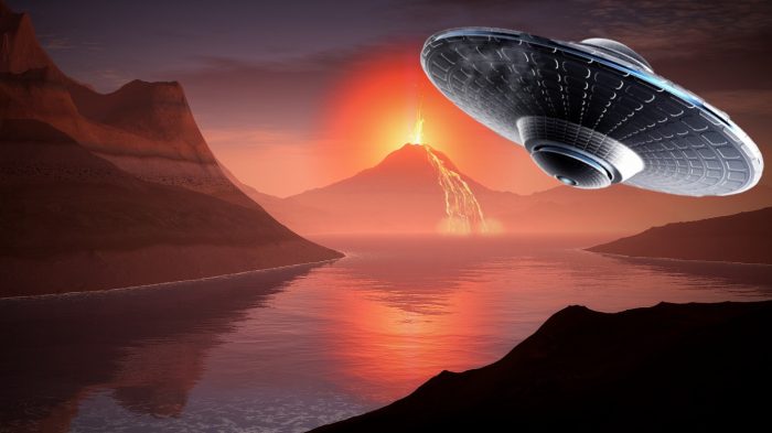 A UFO flying through the sky at the dawn of time