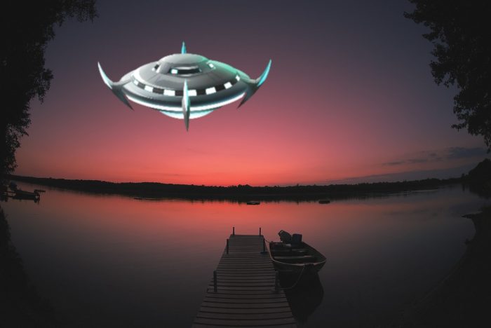 A depiction of a UFO over a Minnesota Boat Dock