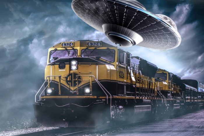 A depiction of a UFO over the Monon railroad