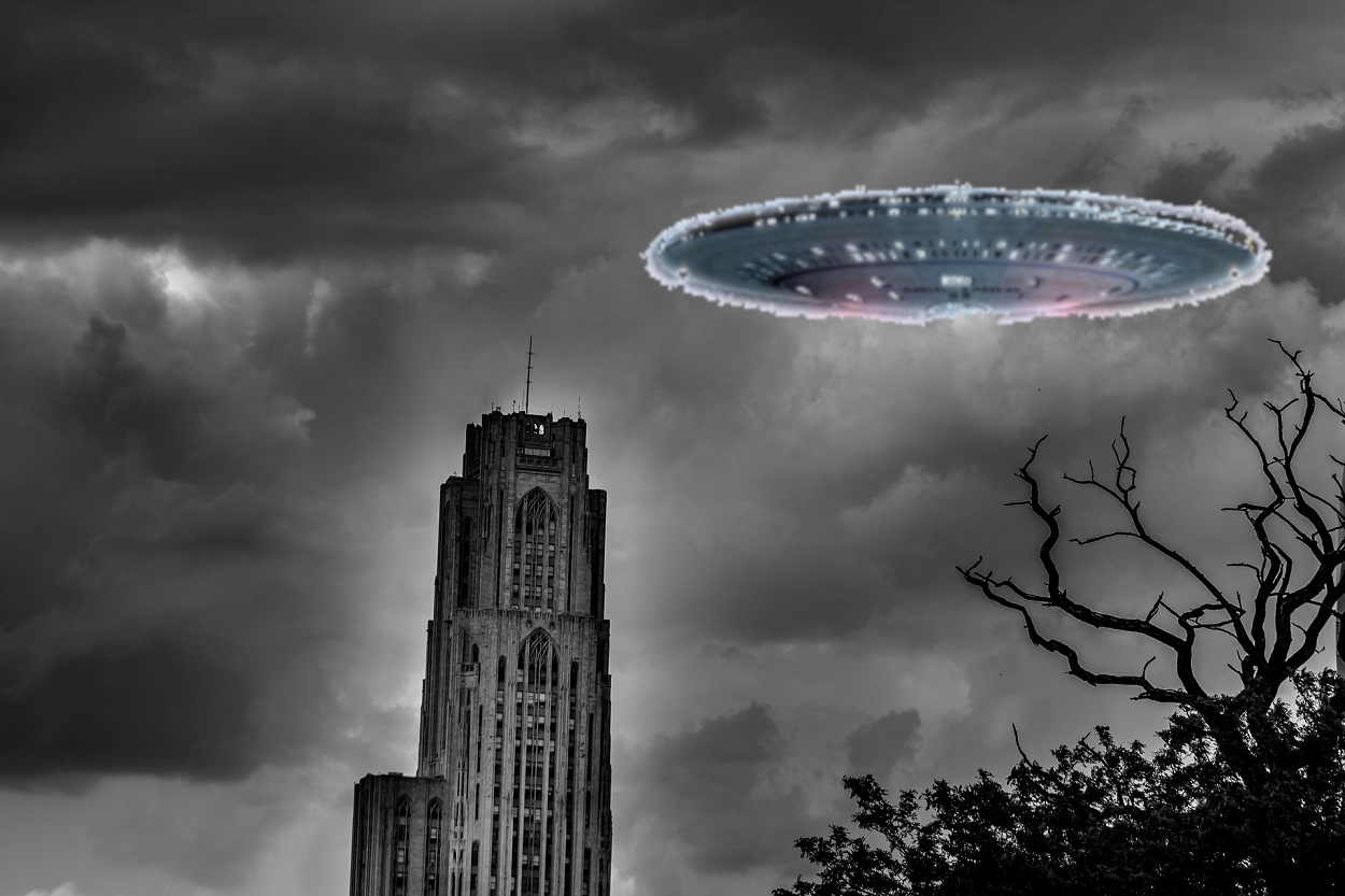 A depiction of a UFO over Pittsburgh