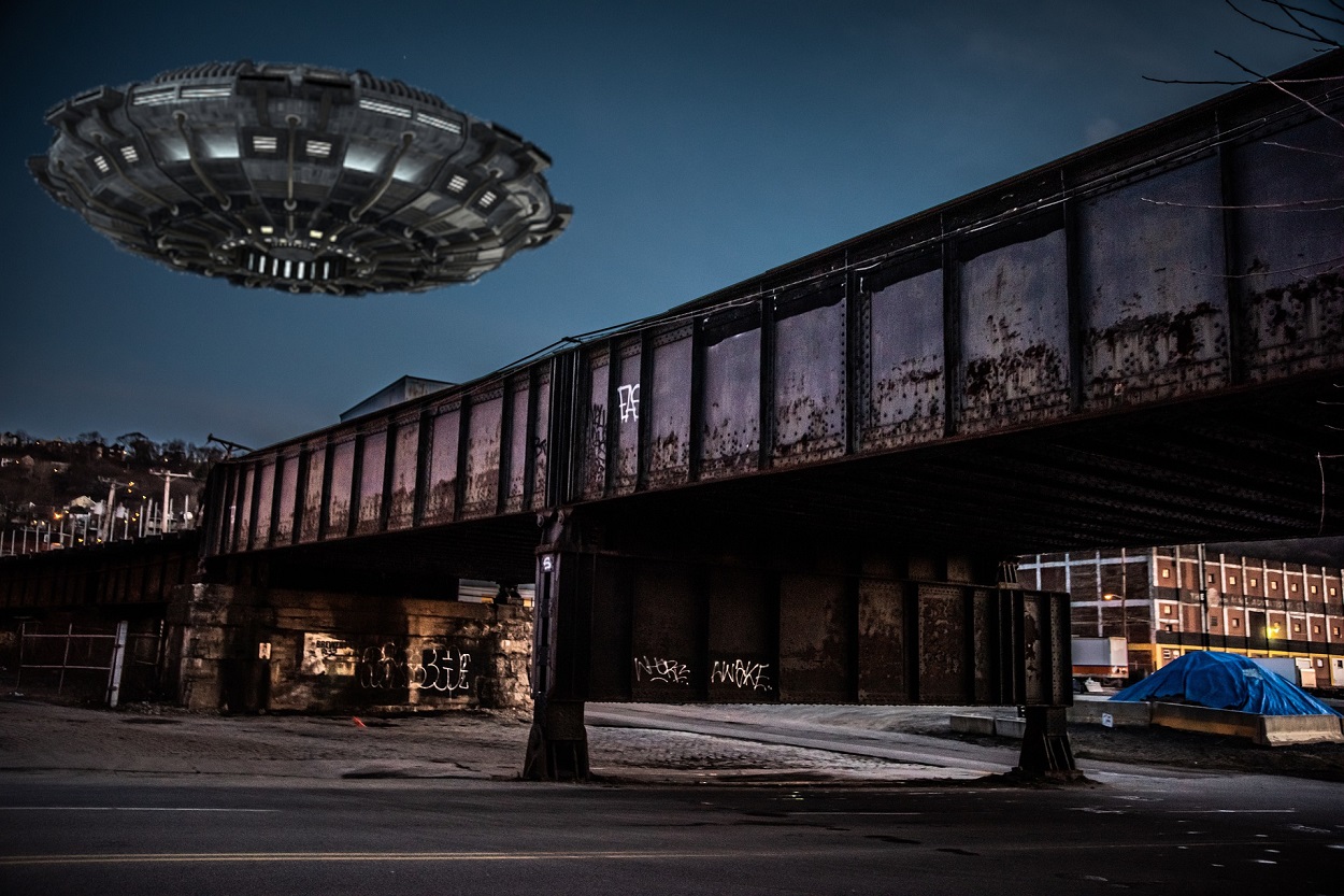 A depiction of a UFO over Pittsburgh