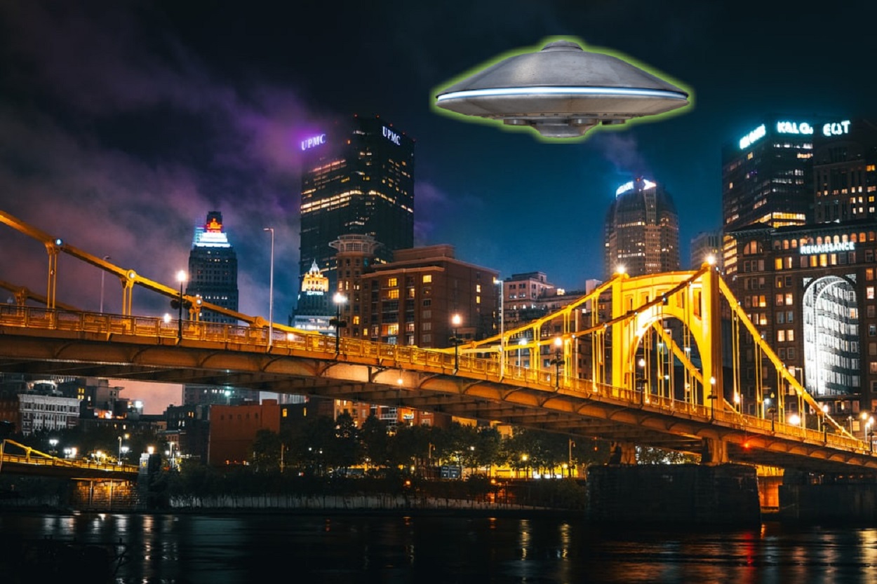 A depiction of a UFO over Pittsburgh