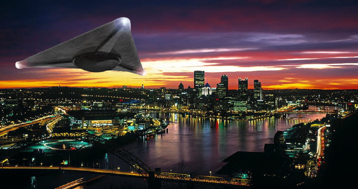 A depiction of a triangular UFO over Pittsburgh