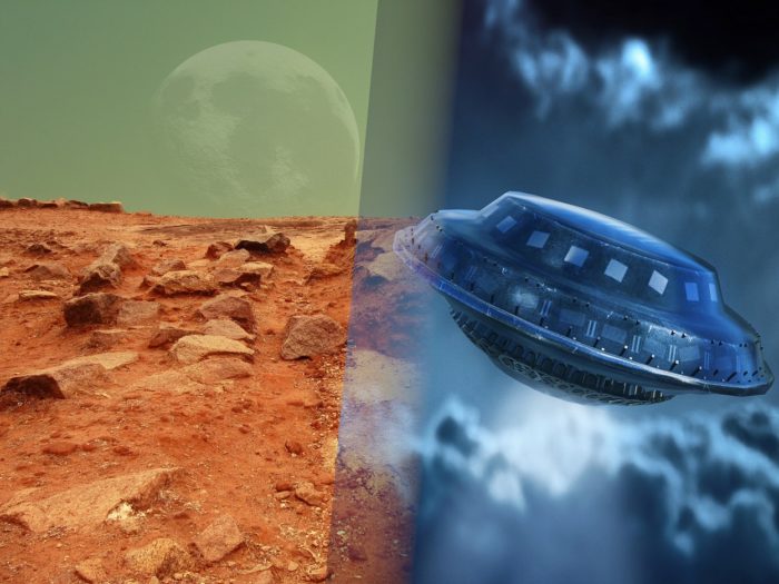 A blending of the Martian surface and a depiction of a UFO