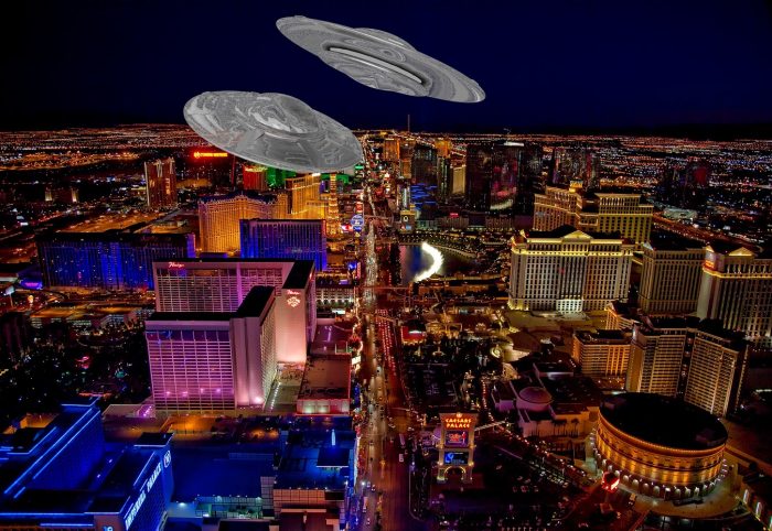 A depiction of UFOs over Las Vegas