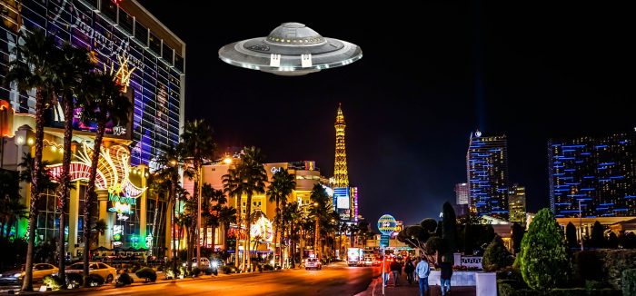 A depiction of a UFO over Las Vegas