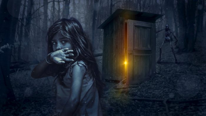 A mystical picture of girl with a lonely shed in the woods