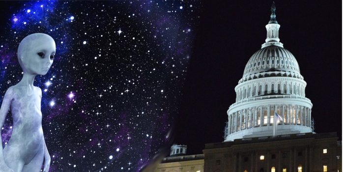 A picture of an alien with a space background blended into a night shot of the Capitol Building