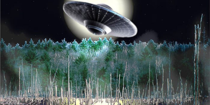 A depiction of a UFO over the woodland