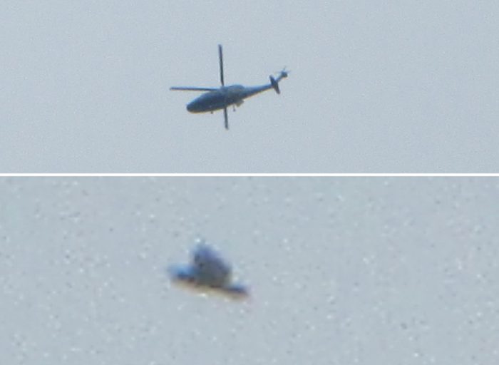 a split image allegedly showing a black helicopter changing shape