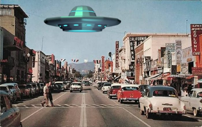 A depiction of a UFO over California