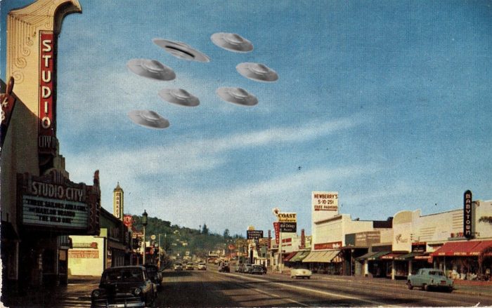 A depiction of a fleet of UFOs over California