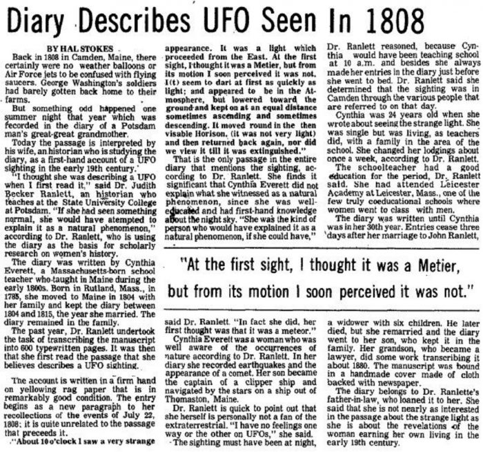 Newspaper article about a UFO incident in 1808