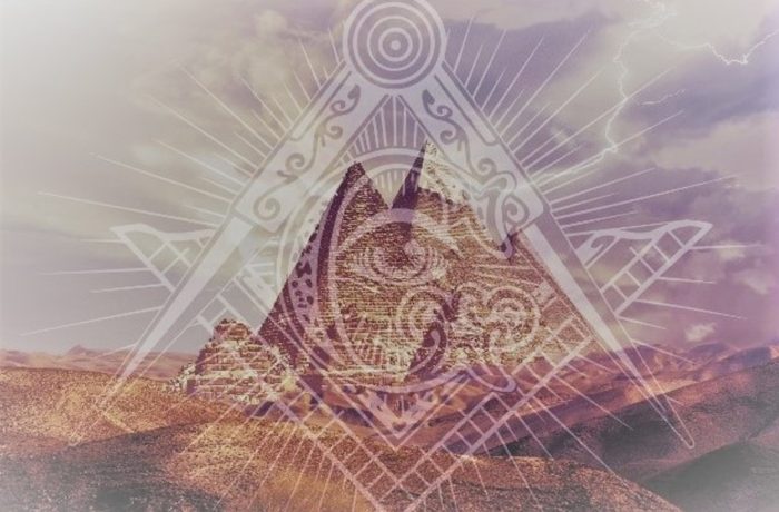 The Pyramids of Giza with superimposed Masonic symbols over the top