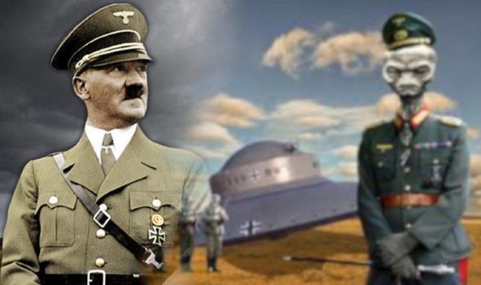 A picture of Hitler blended into a depiction of an alien in a Nazi uniform 