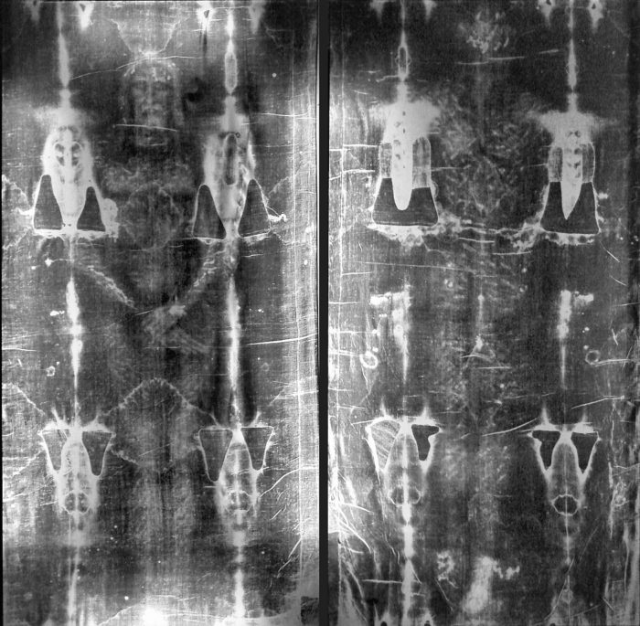 Both sides of the Turin Shroud at full length