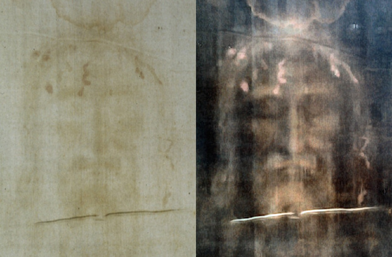 An image showing a normal and negative shot of the Turin Shroud.