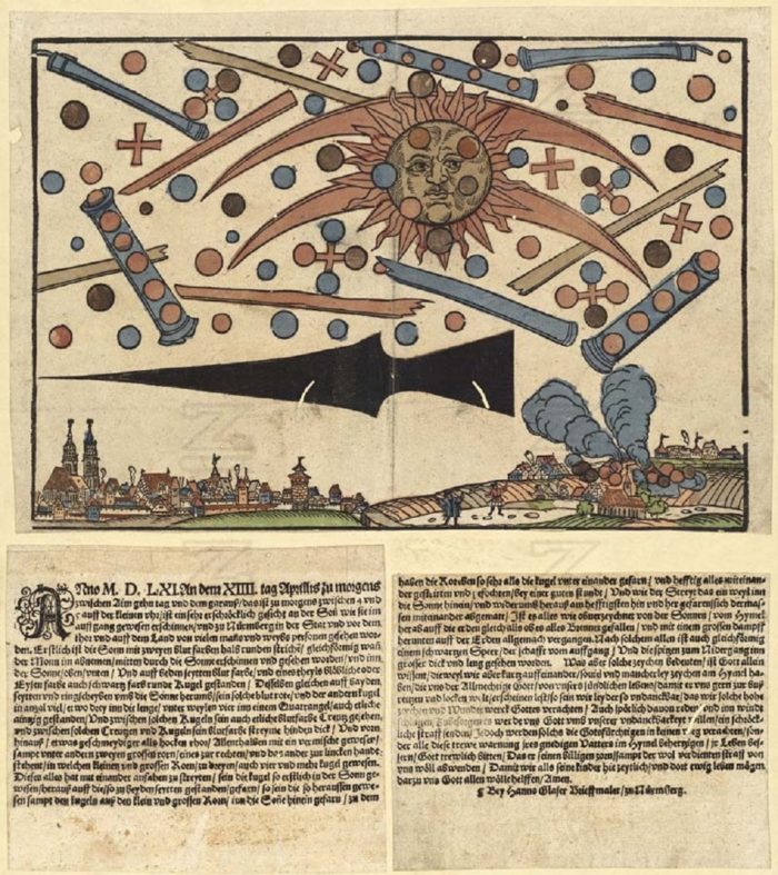 A depiction of the 1561 Nuremberg UFO incident