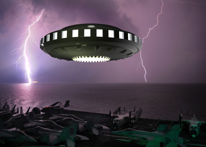 Depiction of a UFO hovering over an aircraft carrier