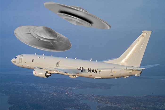 A depiction of two UFOs flying near a military plane