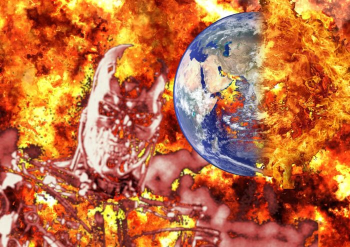 A Terminator-like robot superimposed over an exploding Earth