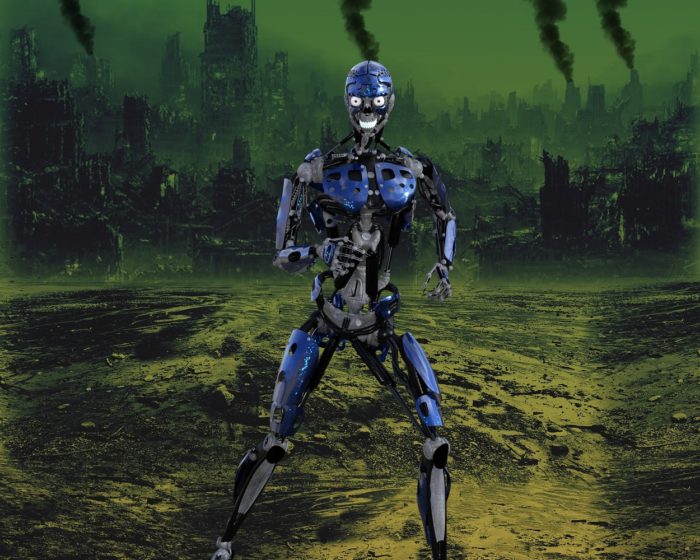 A depiction of robots following the end of the world with burnt-out city in the background