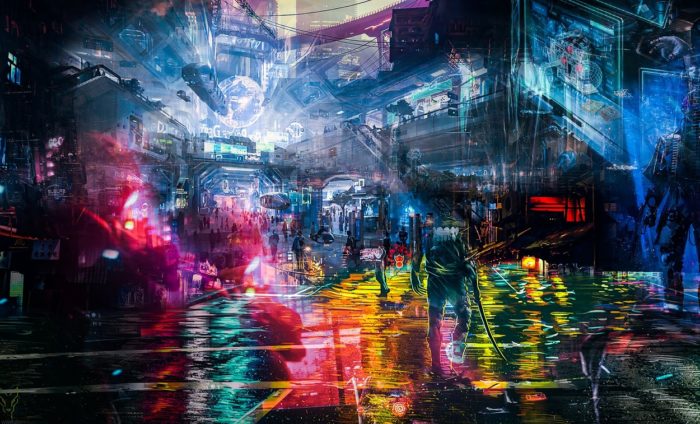 A depiction of a futuristic neon city