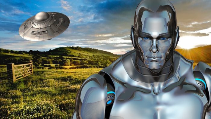 Cheshire Silver Man blended into a picture of a UFO over the countryside