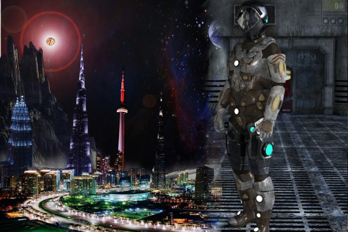 Depictions of a city of the future blended into a drawing of a space soldier