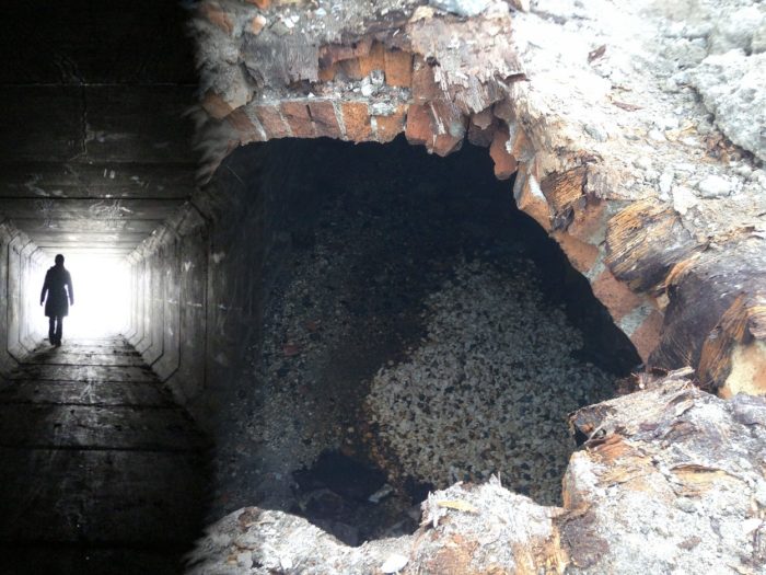 A picture of a dark figure walking through a tunnel blended into the mouth of a cave