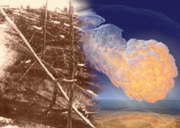 Artist's impression of a fireball exploding over Tunguska blended into ruined trees at Tunguska