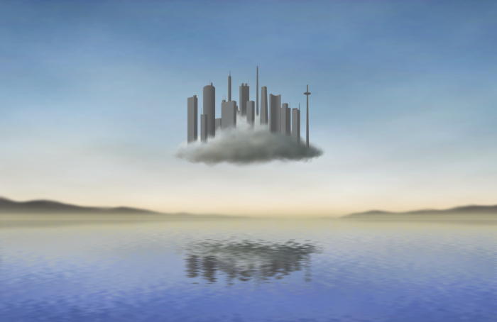 A depiction of a floating city over water