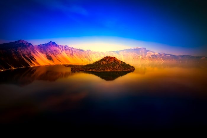 A view of Crater Lake at sunset