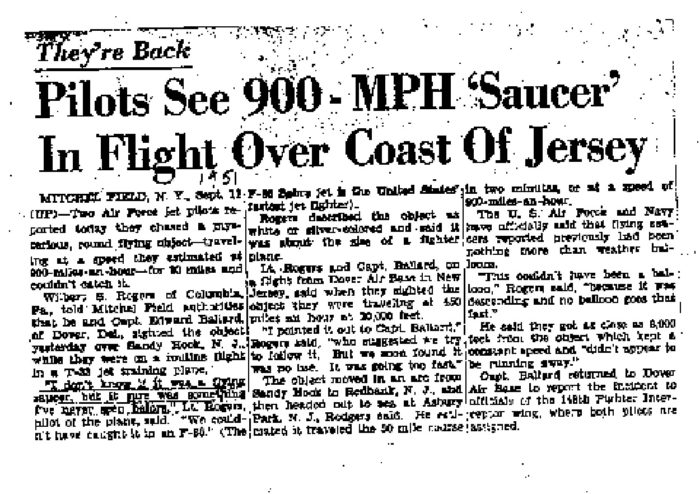 Newspaper report of the Fort Monmouth UFO