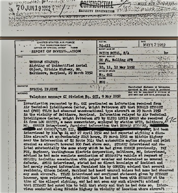 Page from the official report of the Fort Monmouth UFO