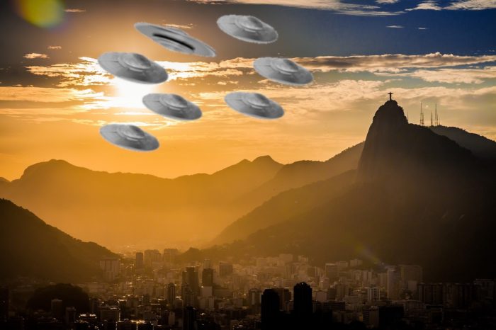 A depiction of a fleet of UFOs over Brazil