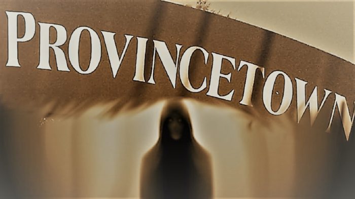 Picture of a hooded figure with a sign for Provincetown blended over the top