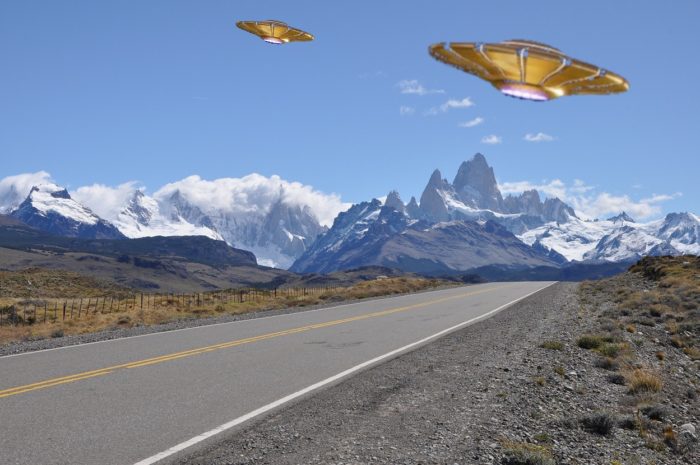 Superimposed UFOs on a picture of a lonely road
